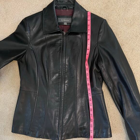 Black Leather Moto Jacket Size Medium EUC Liz Claiborne Full Zip Y2K 90s Friends - Picture 7 of 8